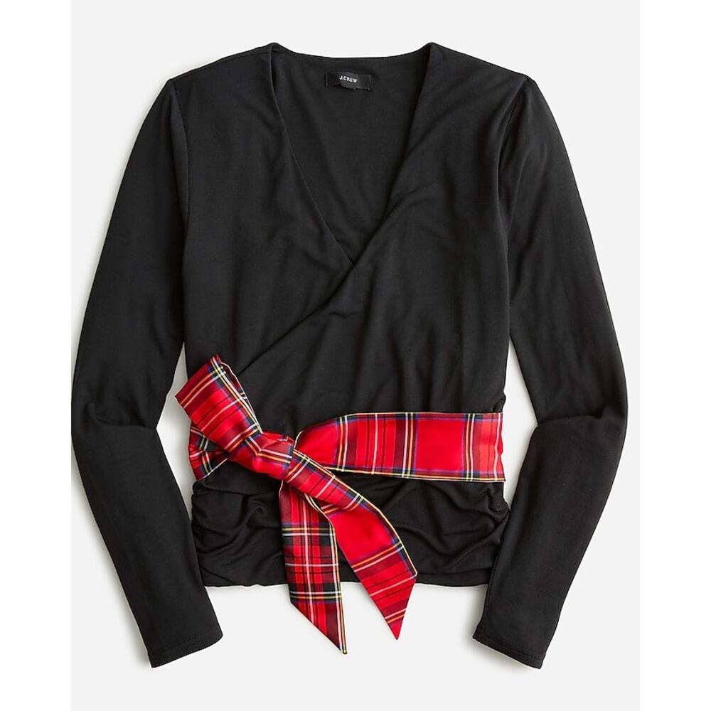 J. Crew Form Knit Long Sleeve Wrap Top Black with Plaid Waist Tie XS Holiday